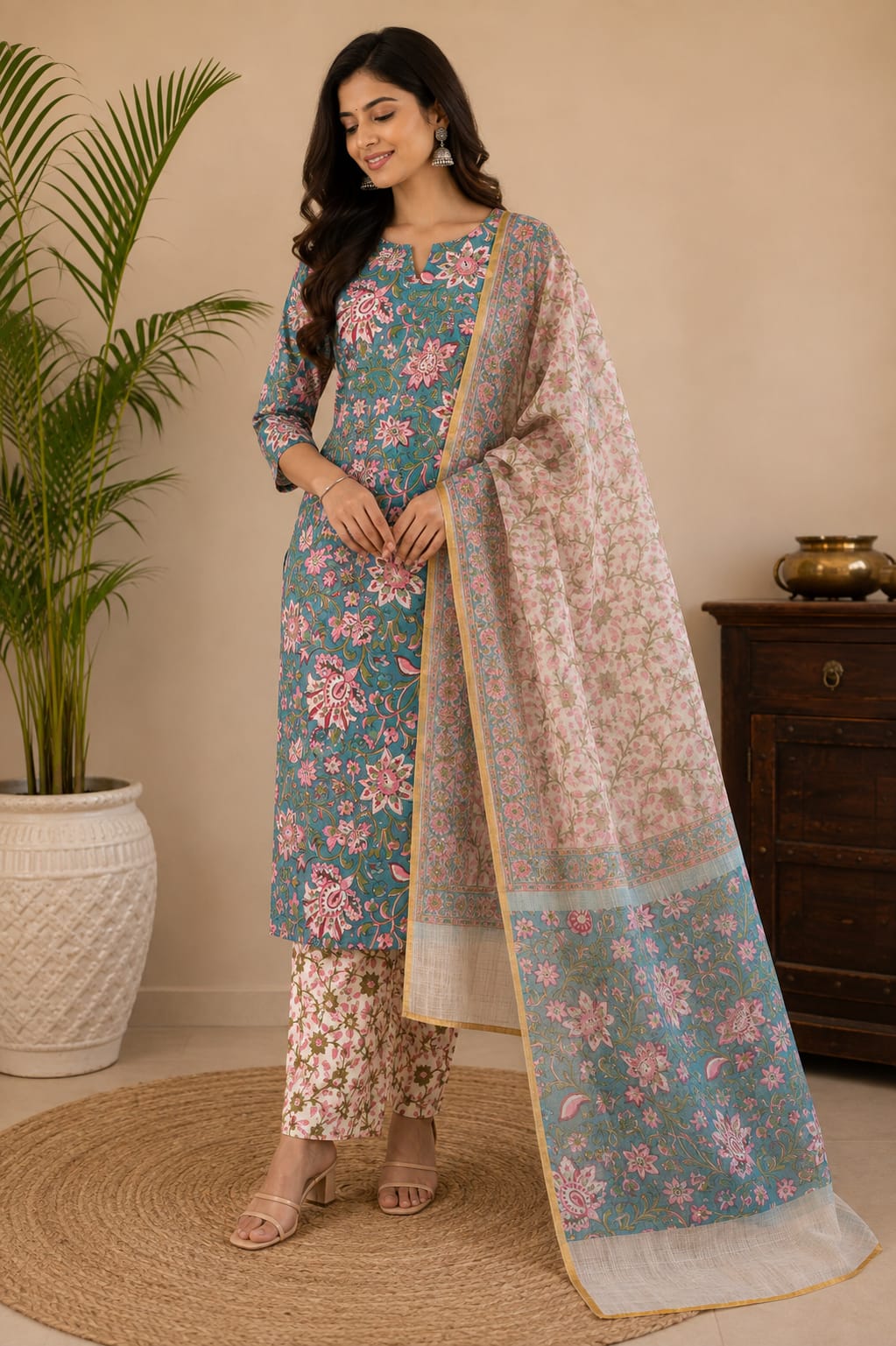 KOTA BLOSSOM  COTTON UNSTITCHED SUIT WITH KOTA DORIYA SHAWL