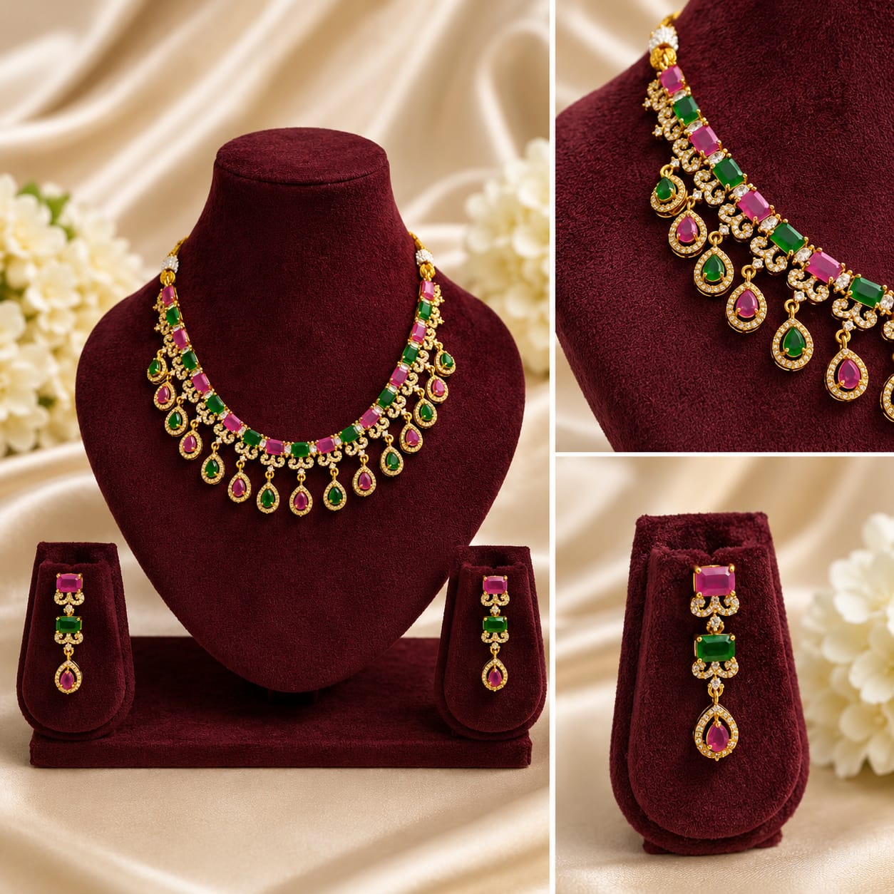 Multistone American Diamond Necklace With Earrings