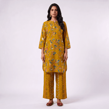 Mustard Floral Short Tunic Set