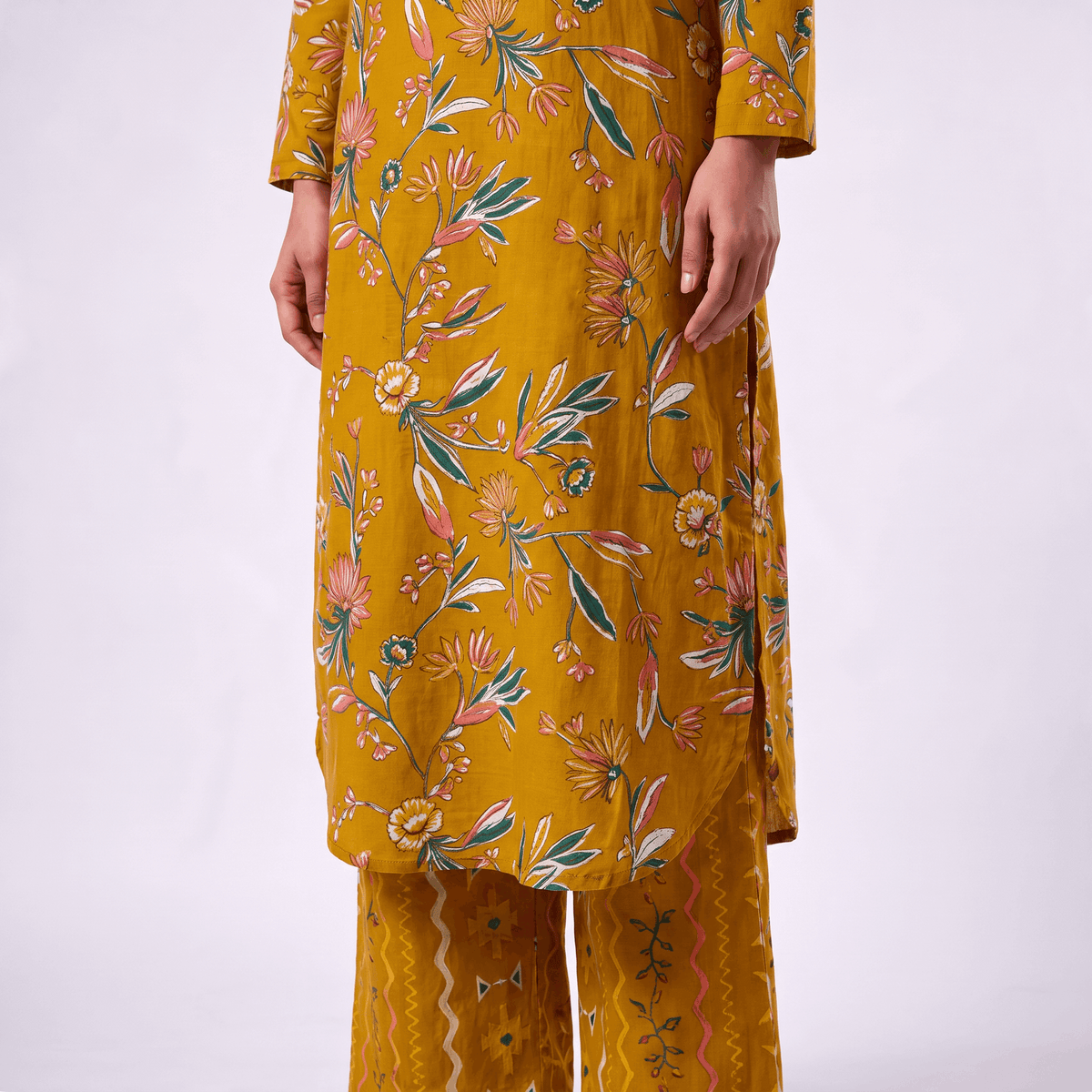 Mustard Floral Short Tunic Set