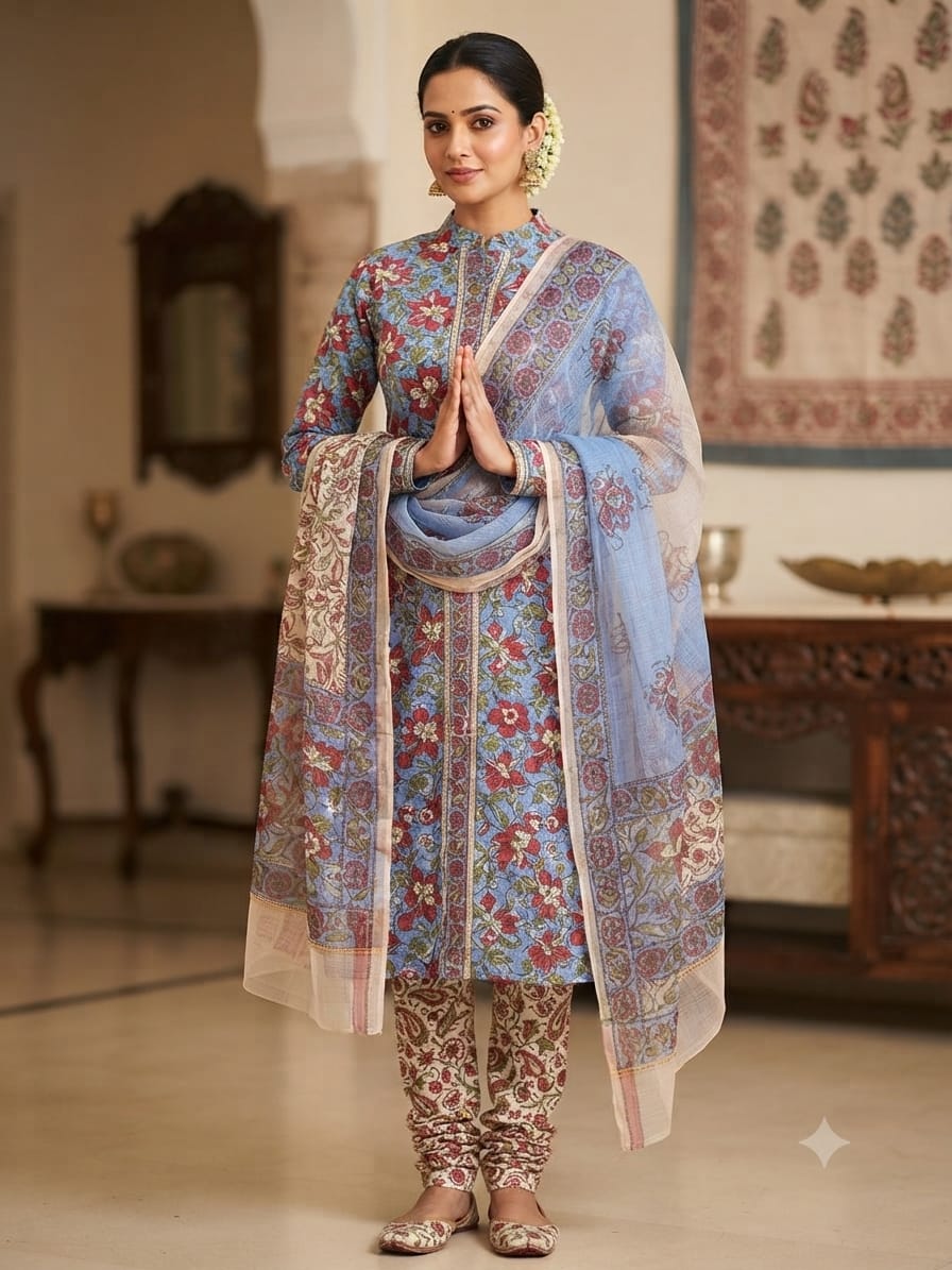 SKY GARDEN COTTON UNSTITCHED SUIT WITH KOTA DORIYA SHAWL