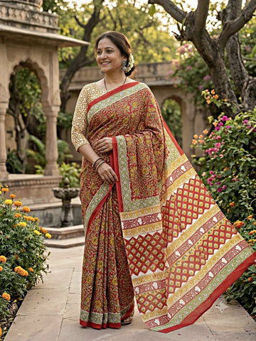 Red Floral Sanganeri Print Mul Cotton Saree