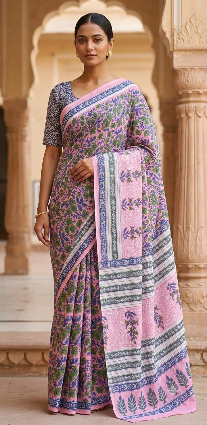 Pink Sanganeri Print Mul Cotton Saree
