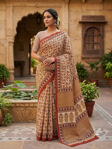 Beige Sanganeri Print Cotton Saree