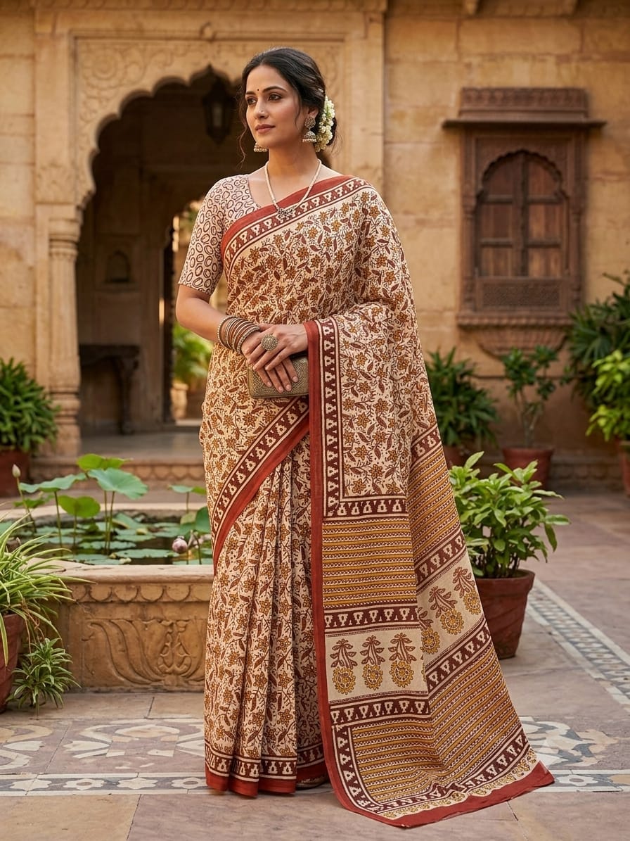 Beige Sanganeri Print Cotton Saree