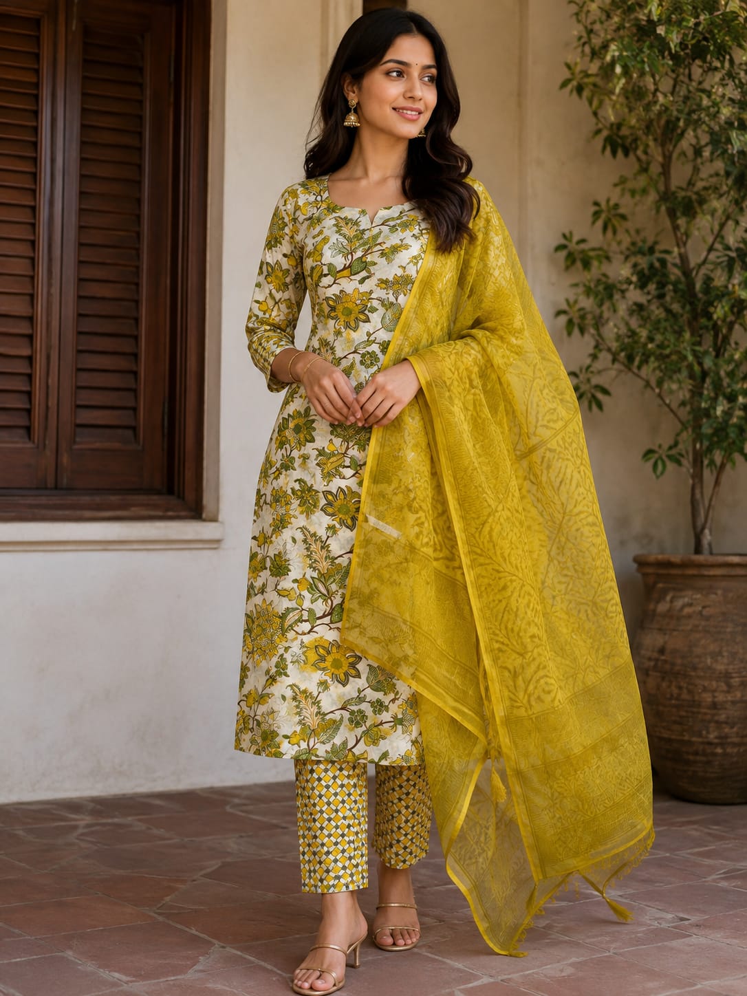 FLORAL VIBE COTTON UNSTITCHED DRESS MATERIAL WITH KOTA DORIYA SHAWL