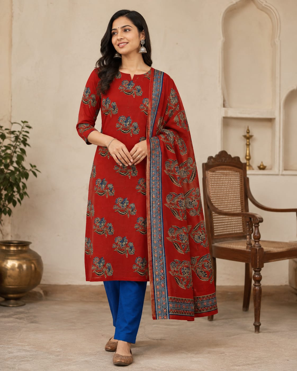 RUST AND ROYAL BLUE COTTON UNSTITCHED DRESS MATERIAL WITH COTTON SHAWL