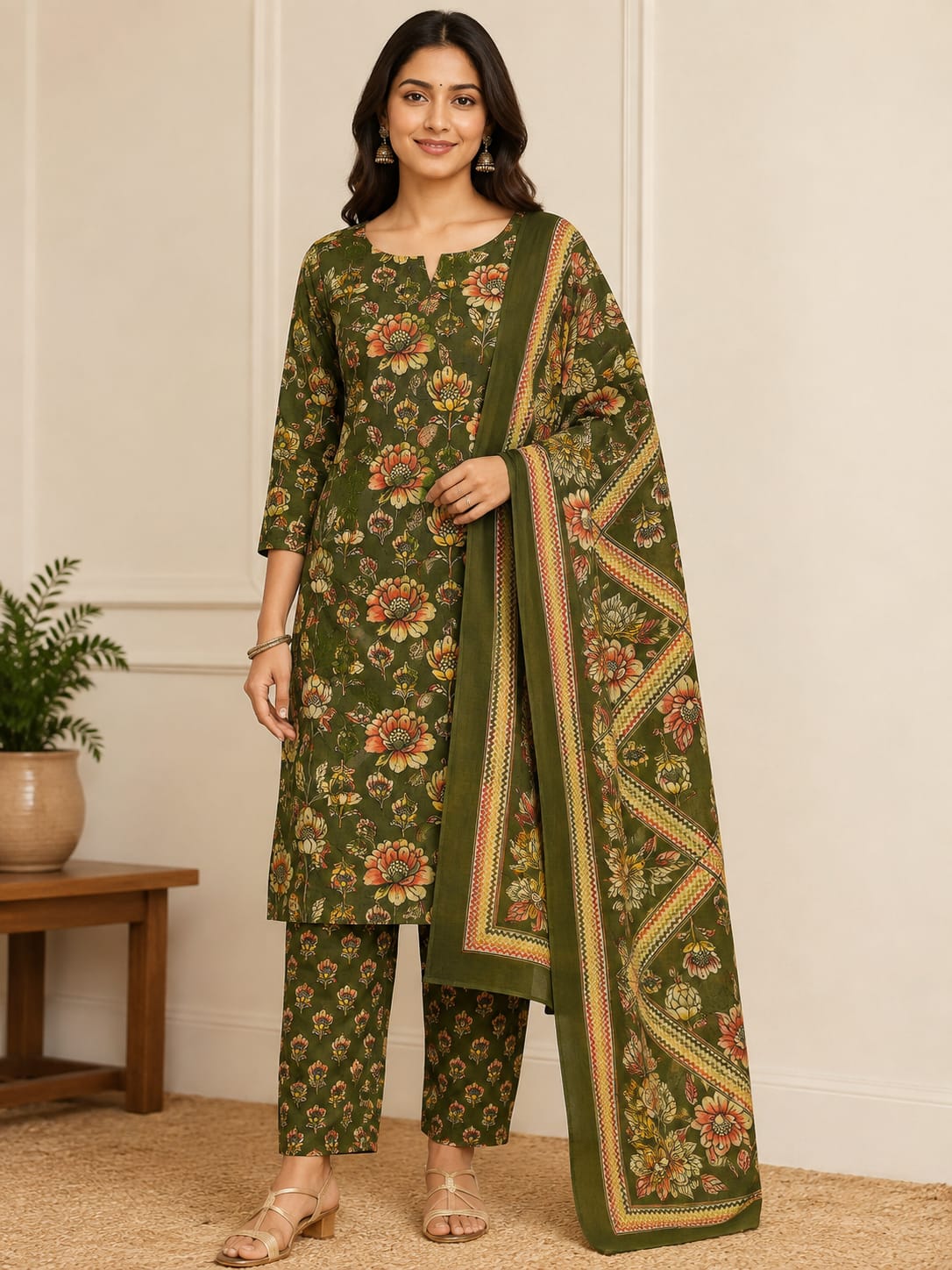OLIVE BLOSSOM COTTON UNSTITCHED DRESS MATERIAL WITH COTTON SHAWL