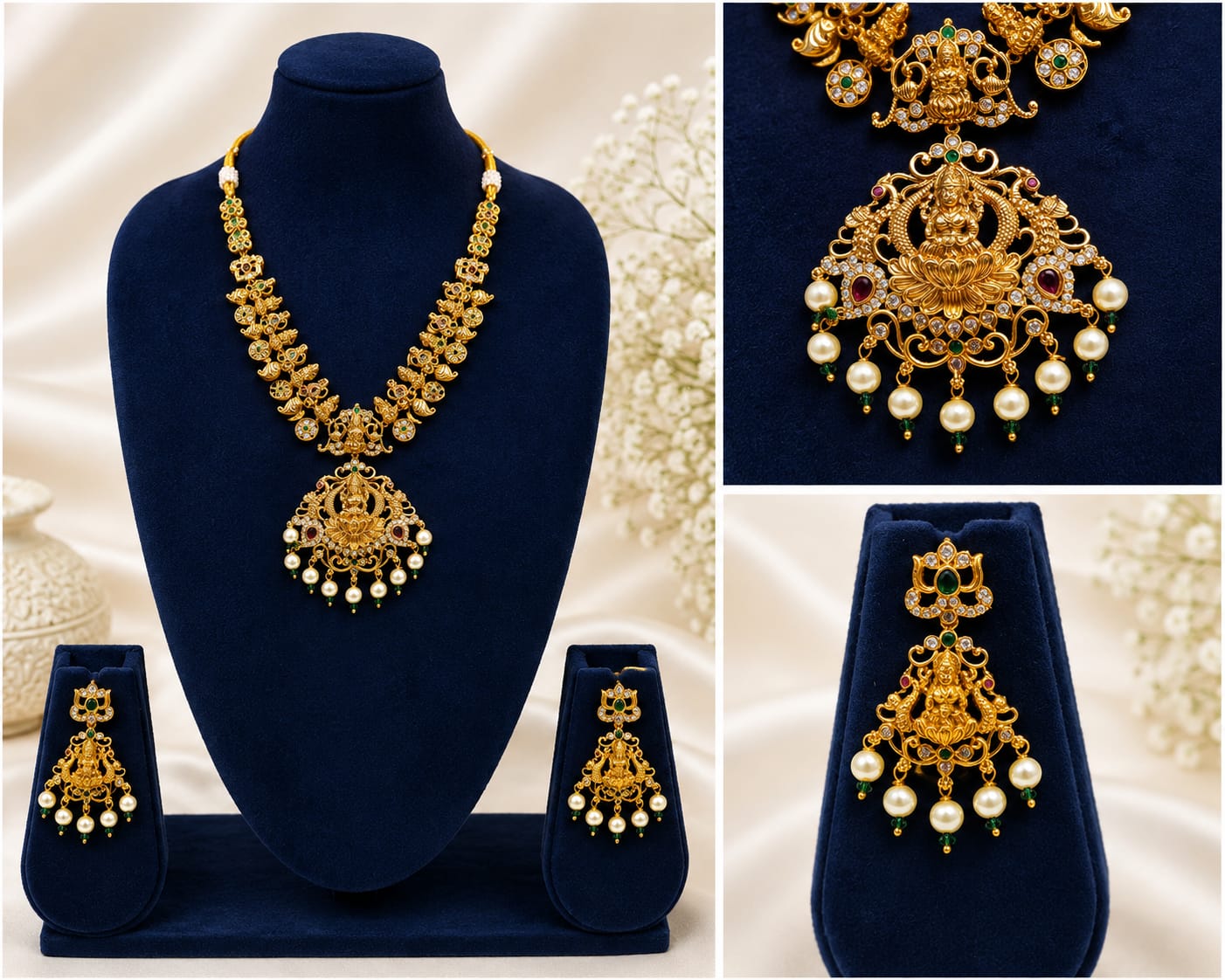 WHITE STONE LAKSHMI MALA WITH EARINGS