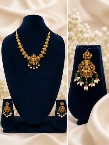 LAKSHMI MALA GREEN AND PEARL STONE WITH EARINGS