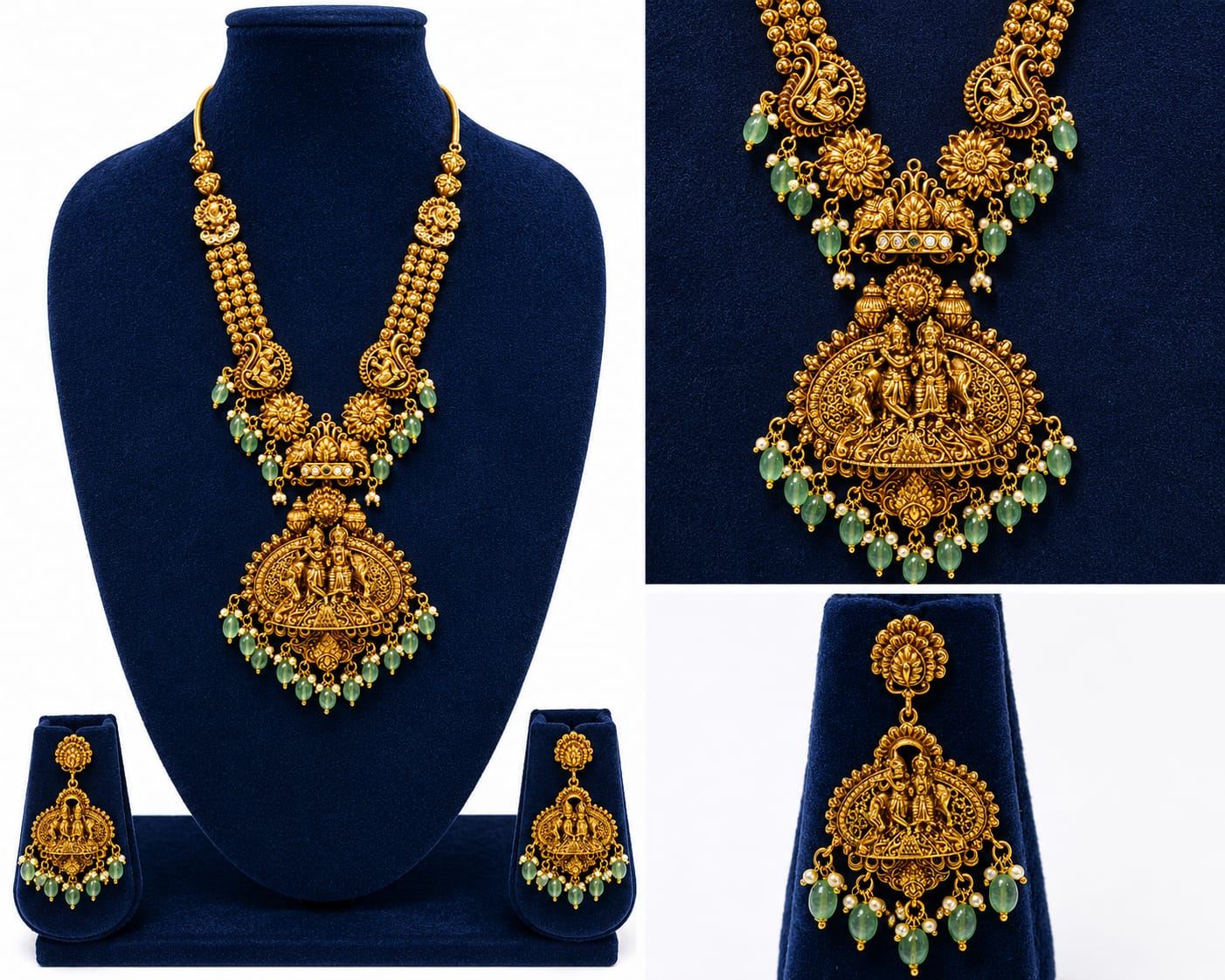 PASTEL GREEN  STONE WITH KRISHNA RADHA NECKLACE WITH EARRINGS