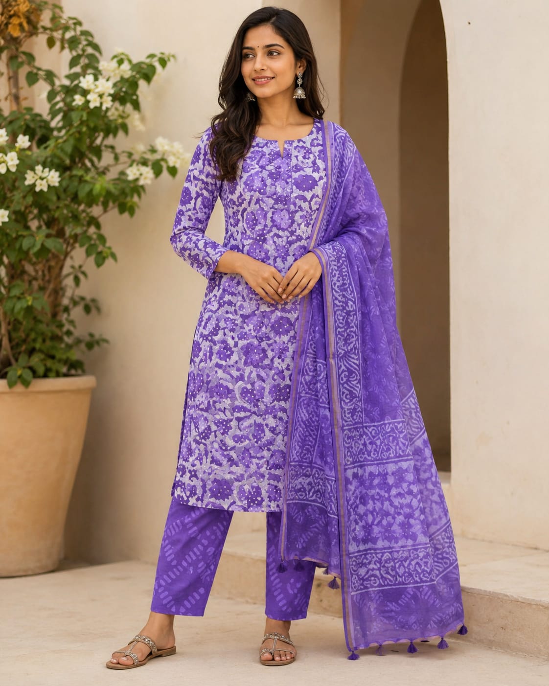 PURPLE CHARM UNSTITCHED COTTON DRESS MATERIAL WITH KOTA DORIYA SHAWL
