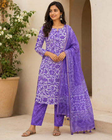 PURPLE CHARM UNSTITCHED COTTON DRESS MATERIAL WITH KOTA DORIYA SHAWL