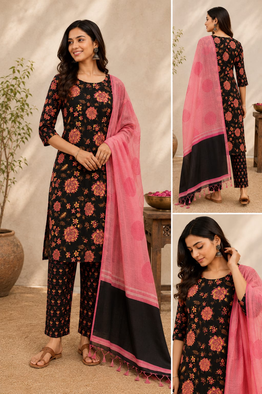 TWILIGHT ROSE UNSTITCHED COTTON DRESS MATERIAL WITH KOTA DORIYA SHAWL