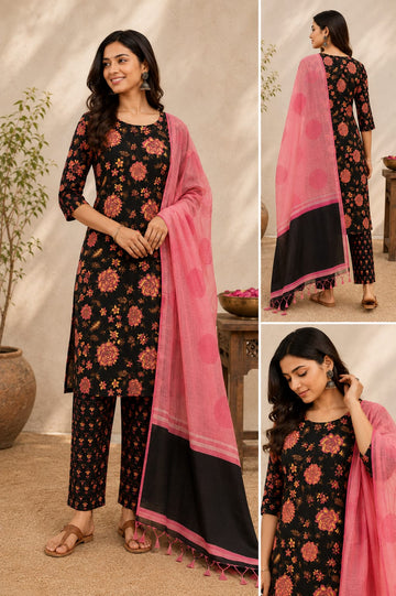 TWILIGHT ROSE UNSTITCHED COTTON DRESS MATERIAL WITH KOTA DORIYA SHAWL