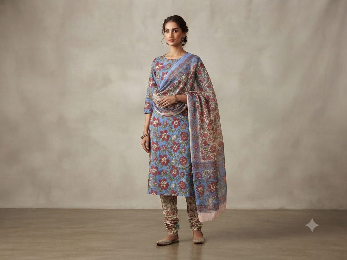 SKY GARDEN COTTON UNSTITCHED SUIT WITH KOTA DORIYA SHAWL