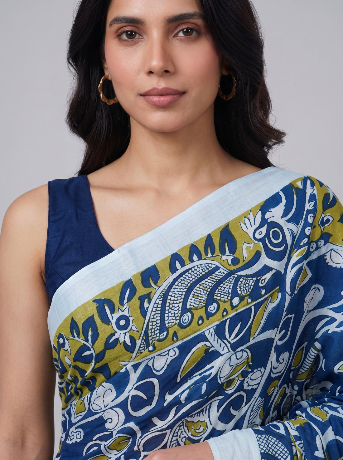 Royal Blue Kalamkari Print Cotton Saree