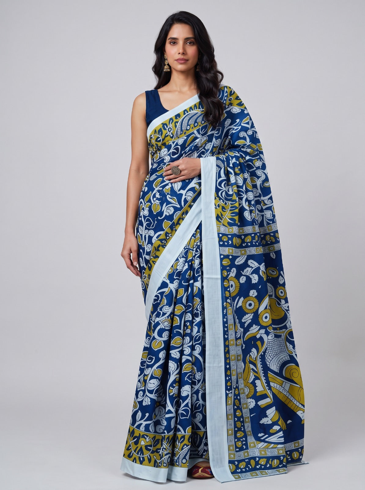 Royal Blue Kalamkari Print Cotton Saree