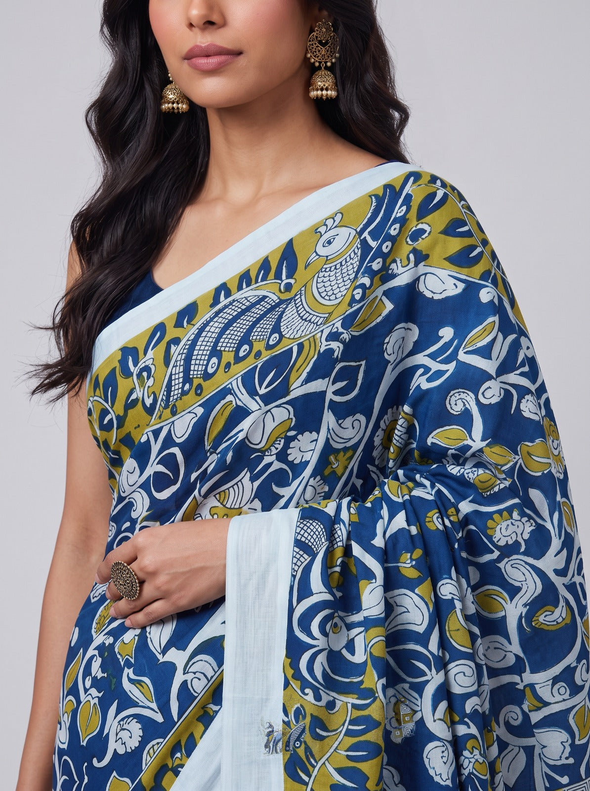 Royal Blue Kalamkari Print Cotton Saree