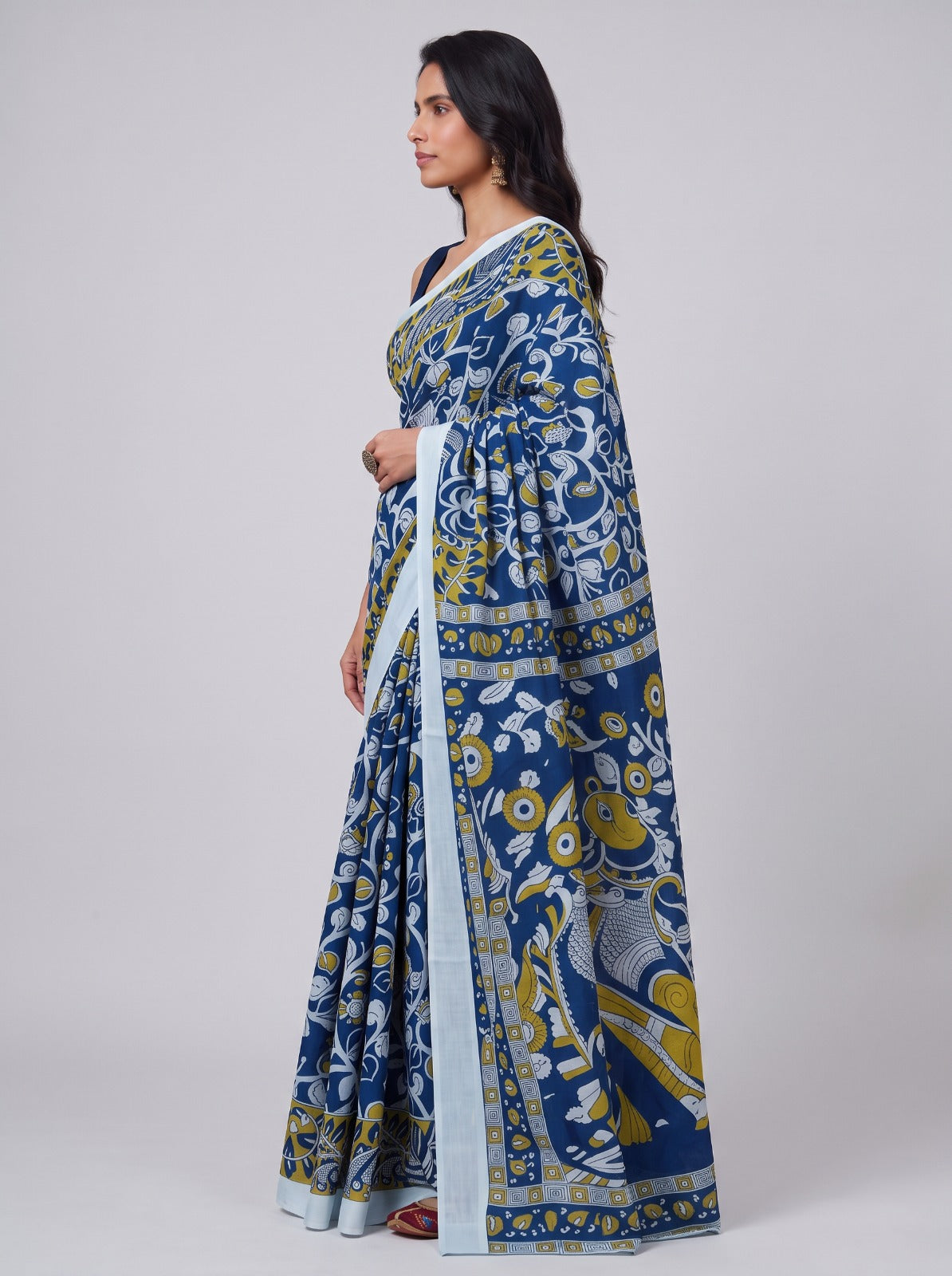 Royal Blue Kalamkari Print Cotton Saree