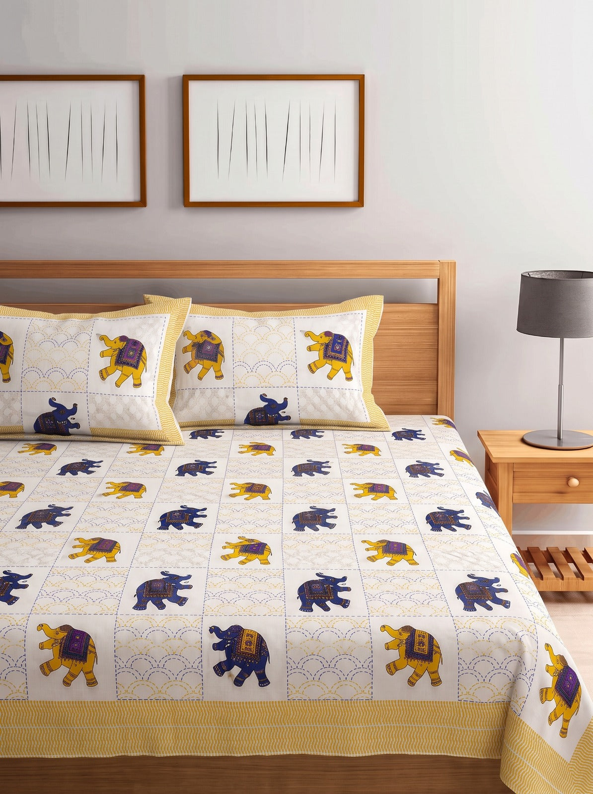 Royale Multicolour Elephant ( Y &b) Jaipur Cotton Bedsheet With 2 Pillow Covers  Size-93x108 Inch ( Rj 1g)