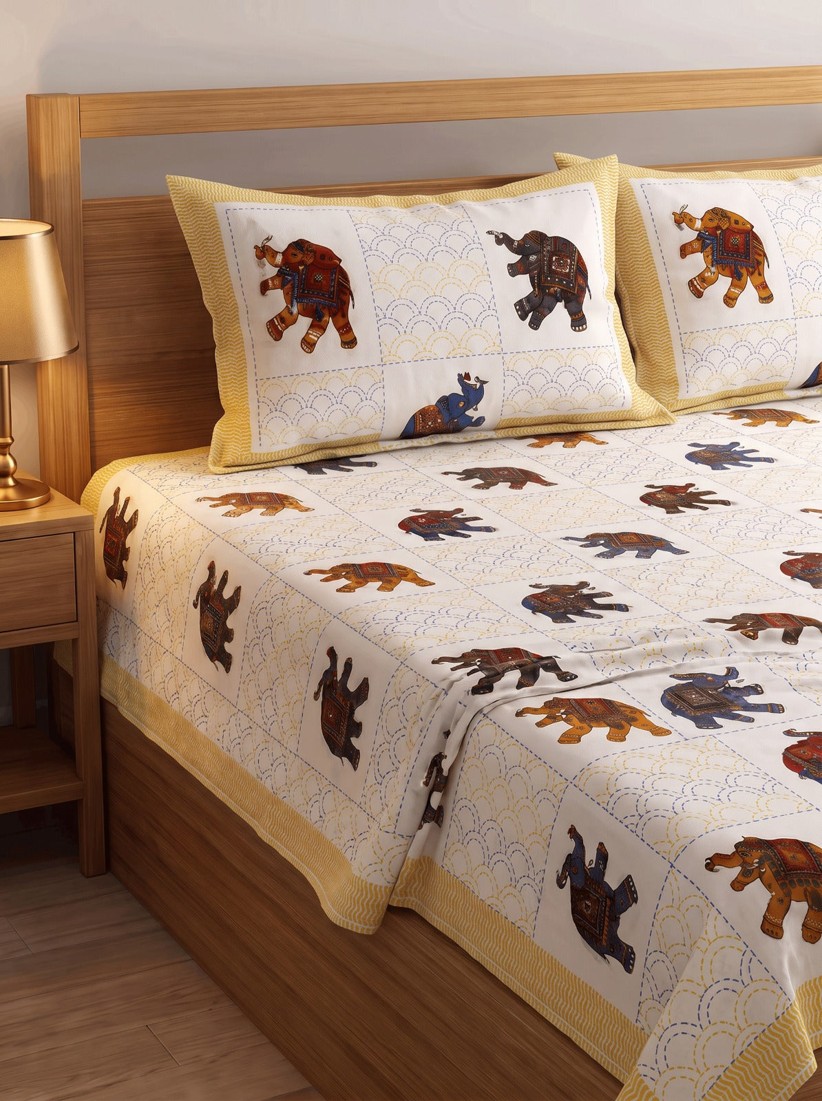 Royale Multicolour Elephant ( Y &b) Jaipur Cotton Bedsheet With 2 Pillow Covers  Size-93x108 Inch ( Rj 1g)