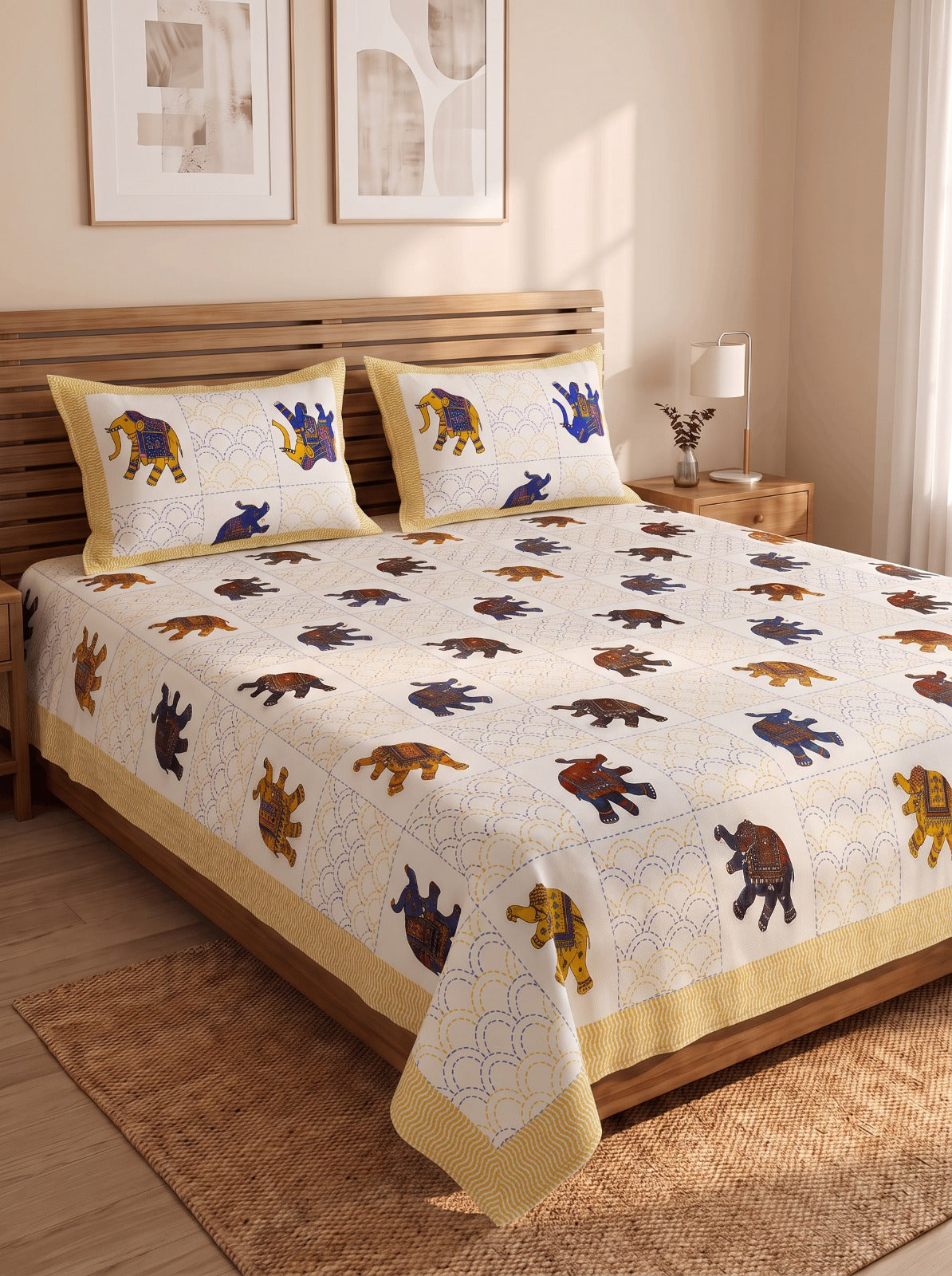 Royale Multicolour Elephant ( Y &b) Jaipur Cotton Bedsheet With 2 Pillow Covers  Size-93x108 Inch ( Rj 1g)