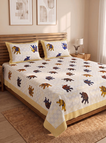 Royale Multicolour Elephant ( Y &b) Jaipur Cotton Bedsheet With 2 Pillow Covers  Size-93x108 Inch ( Rj 1g)