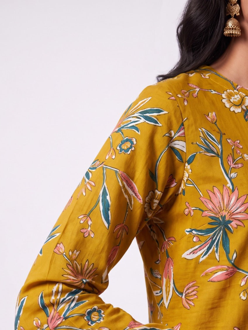 Mustard Floral Short Tunic Set