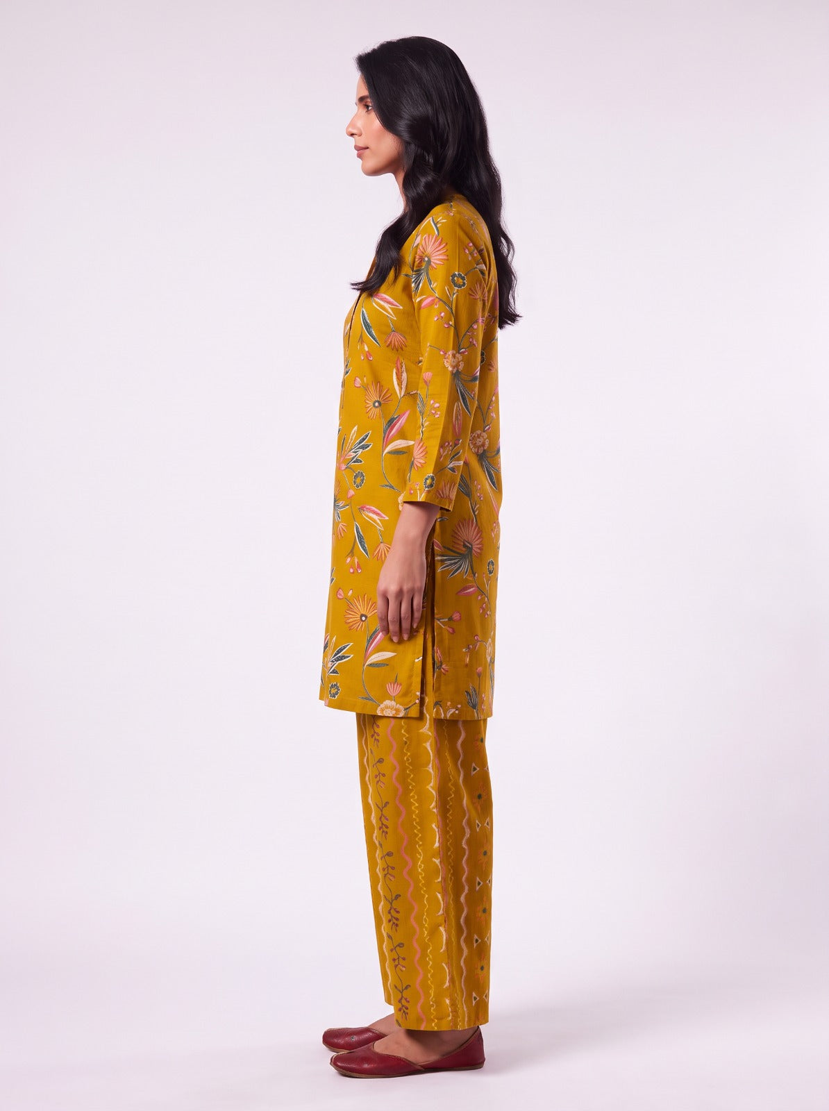 Mustard Floral Short Tunic Set